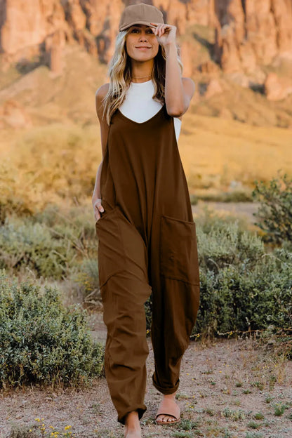 Brown boho v-neck sleeveless jumpsuit with pockets, perfect for casual outdoor wear