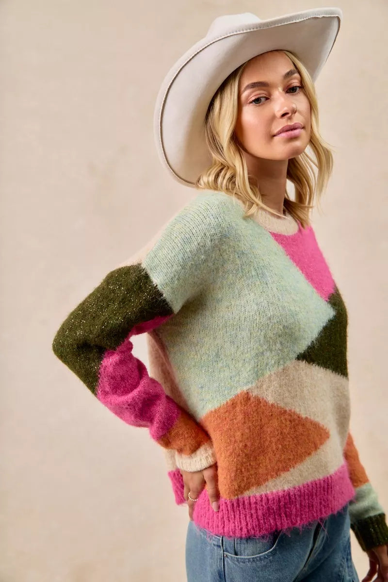 Trendsi boho color block sweater in soft fabric featuring vibrant geometric patterns and relaxed fit
