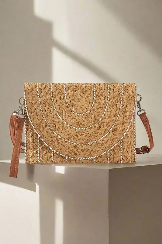 Fame Stitch Detailed Straw Crossbody Bag-Soul Flow Apparel