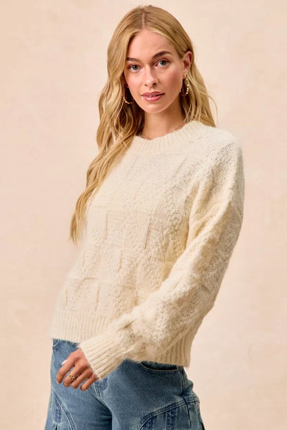 Trendsi checker board drop shoulder sweater in cream featuring a cozy textured knit design