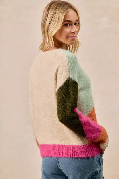 Trendsi boho color block sweater in soft pastel colors with a cozy fit and relaxed style