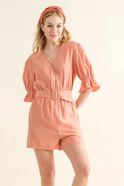 Trendsi boho flounce sleeve romper in soft peach with a belted waist and stylish sleeves