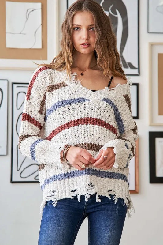 Trendsi boho striped frayed edge sweater in cream with blue and brown stripes for a trendy look
