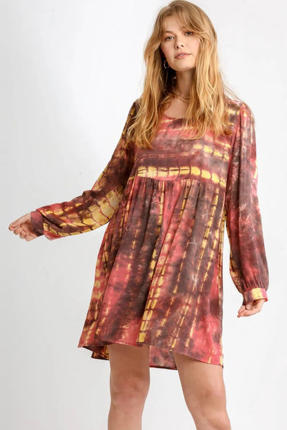 Umgee Full Size Tie Dye Long Sleeve Babydoll Dress with Keyhole Plus Size-Soul Flow Apparel