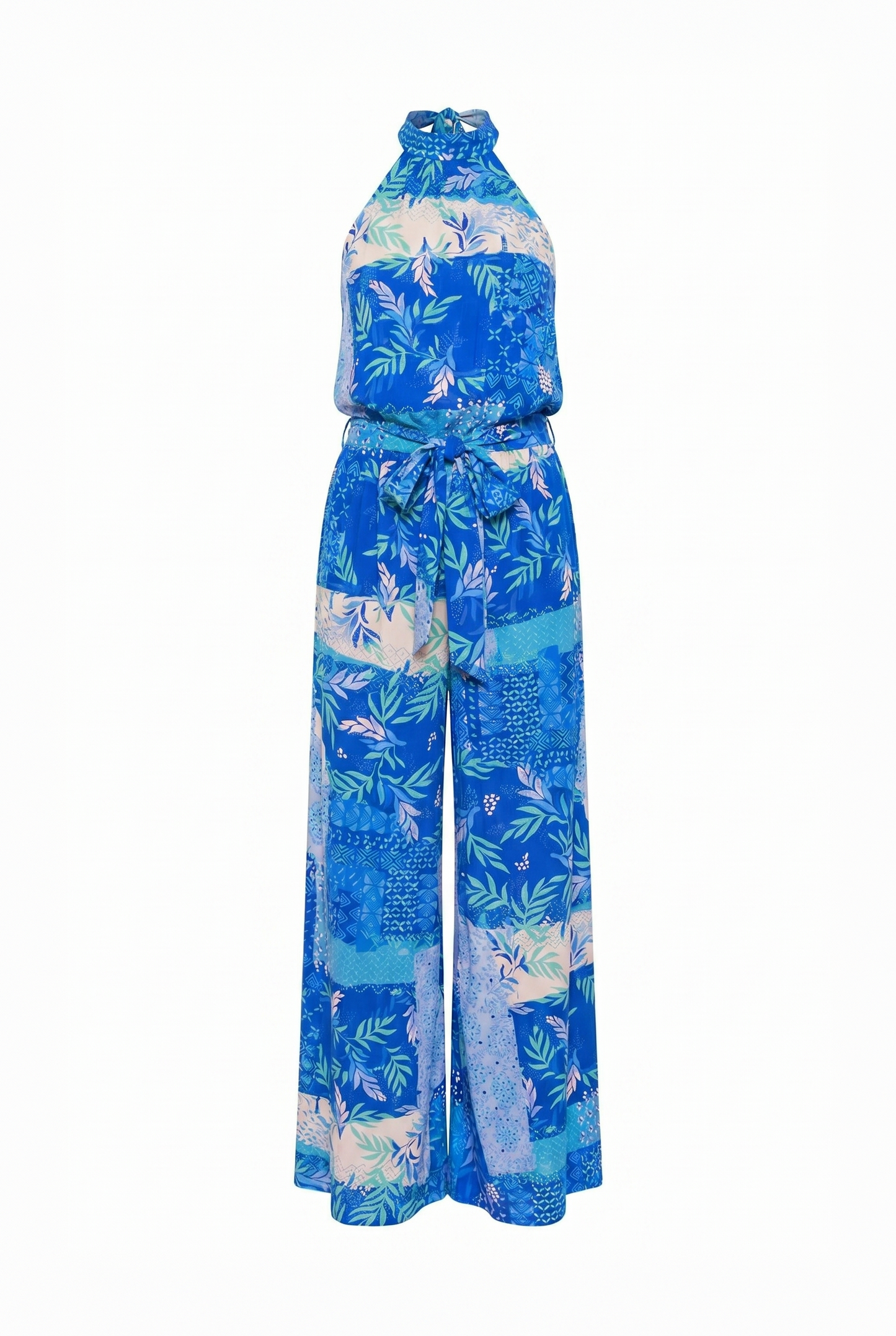 Kiss Me More Printed Woven Jumpsuit With Halter Neckline Bare Back Tie