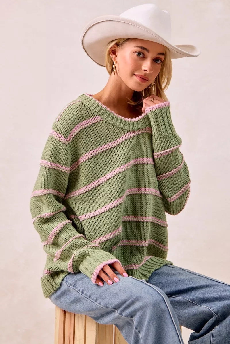 Boho striped long sleeve sweater in green and pink with casual styling for a relaxed look