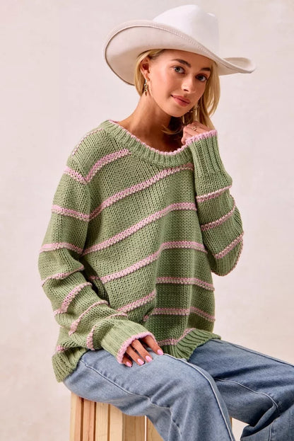 Boho striped long sleeve sweater in green and pink with casual styling for a relaxed look