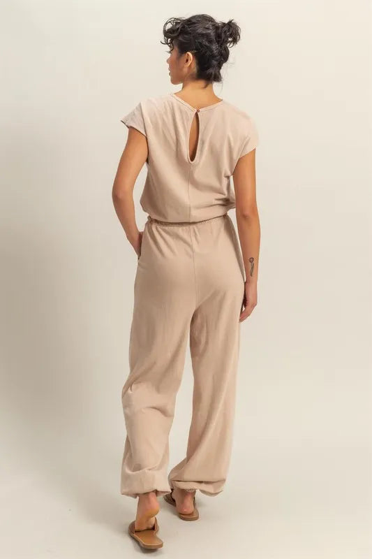 HYFVE Back Keyhole Round Neck Cap Sleeve Drawstring Jumpsuit-Soul Flow Apparel