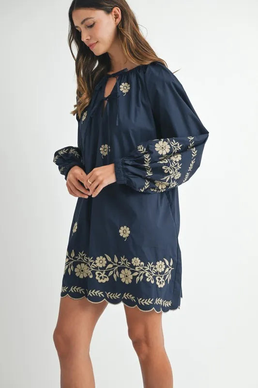 MABLE Embroidered Long Sleeve Peasant Mini Dress-Soul Flow Apparel