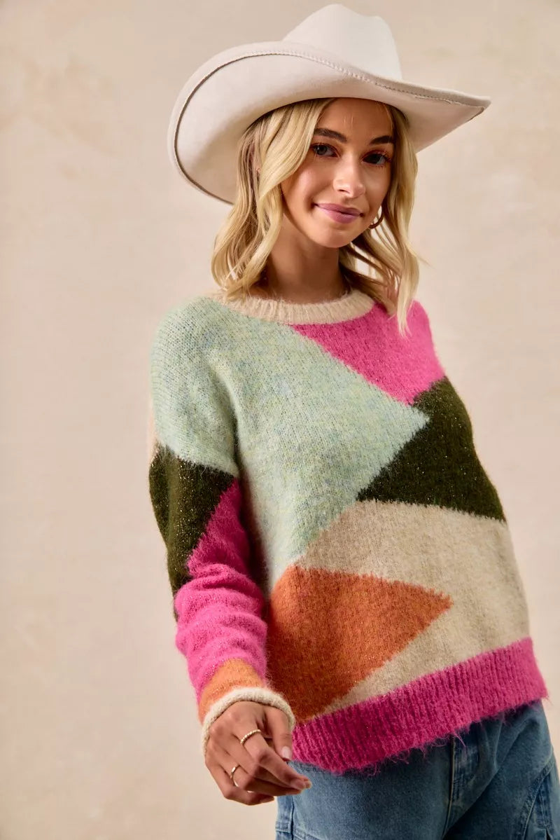 Trendsi boho color block sweater featuring vibrant geometric patterns and a cozy fit