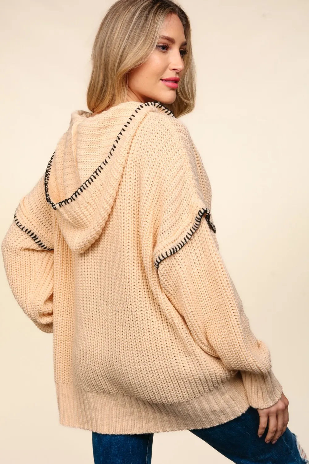 Trendsi Boho Contrast Stitch Hooded Sweater in Soft Beige with Relaxed Fit and Cozy Design