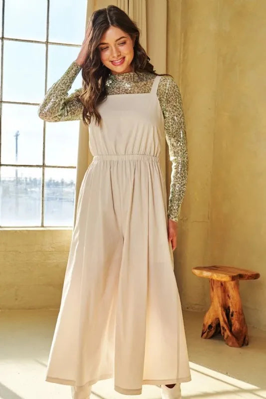 Davi & Dani Creased Wide Legs Elastic Waist Jumpsuit-Soul Flow Apparel