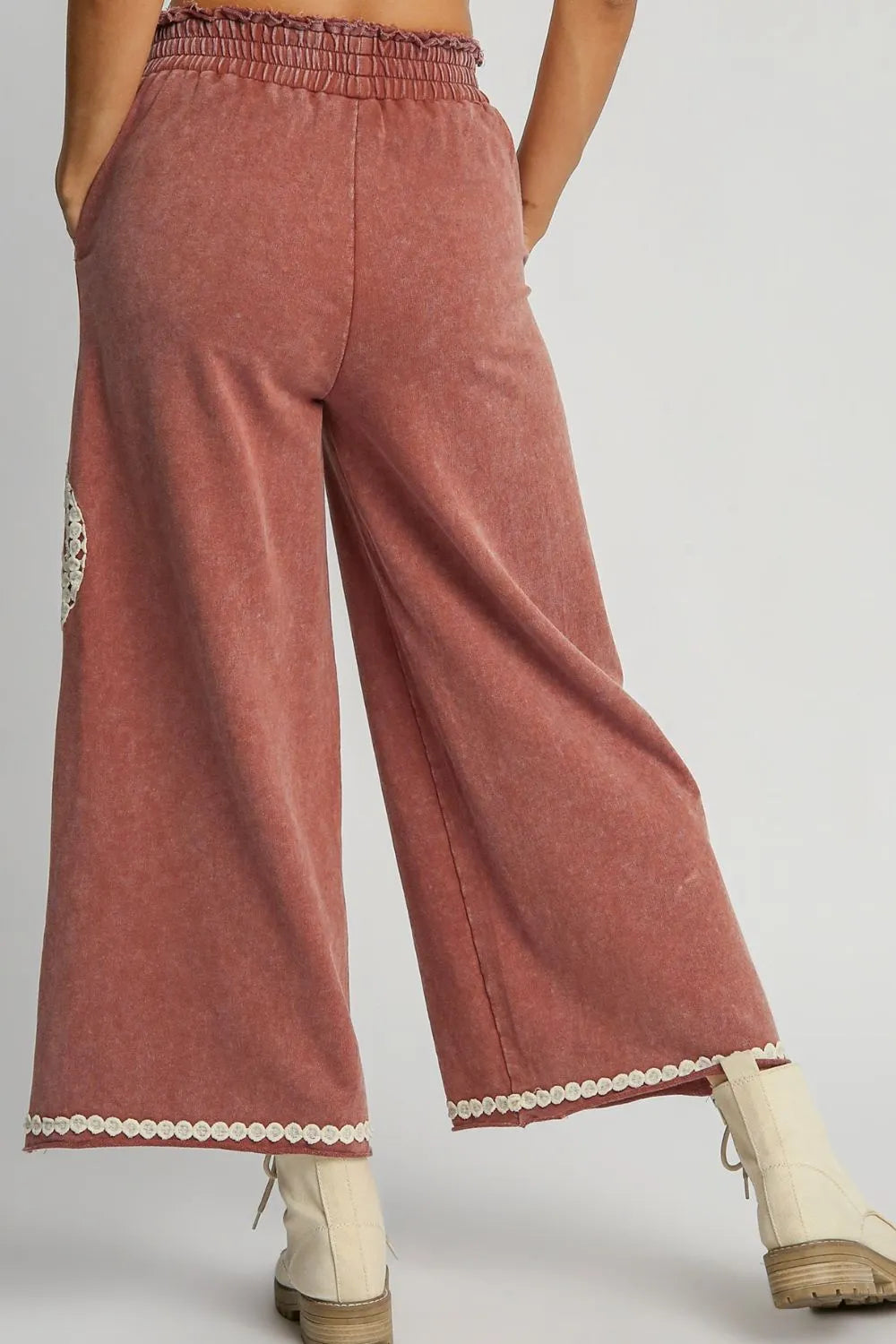 Umgee Full Size Peace Lace Applique Mineral Wash Wide Leg Pants Plus Size-Soul Flow Apparel