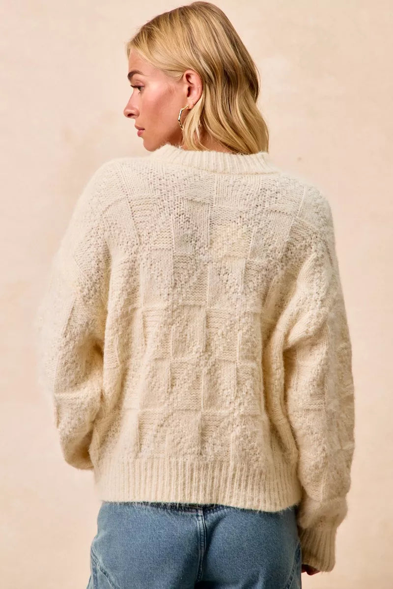 Cream Checker Board Drop Shoulder Sweater with Cozy Knit Texture and Relaxed Fit