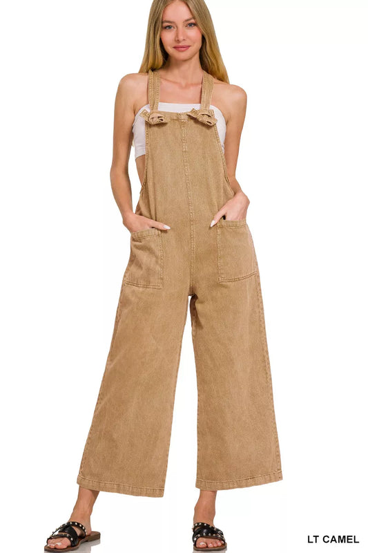 Trendsi boho jumpsuit with pockets in light camel color, featuring adjustable straps and wide-leg design