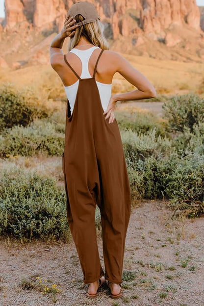 Trendsi boho v-neck sleeveless jumpsuit in brown with back straps, perfect for casual summer outings