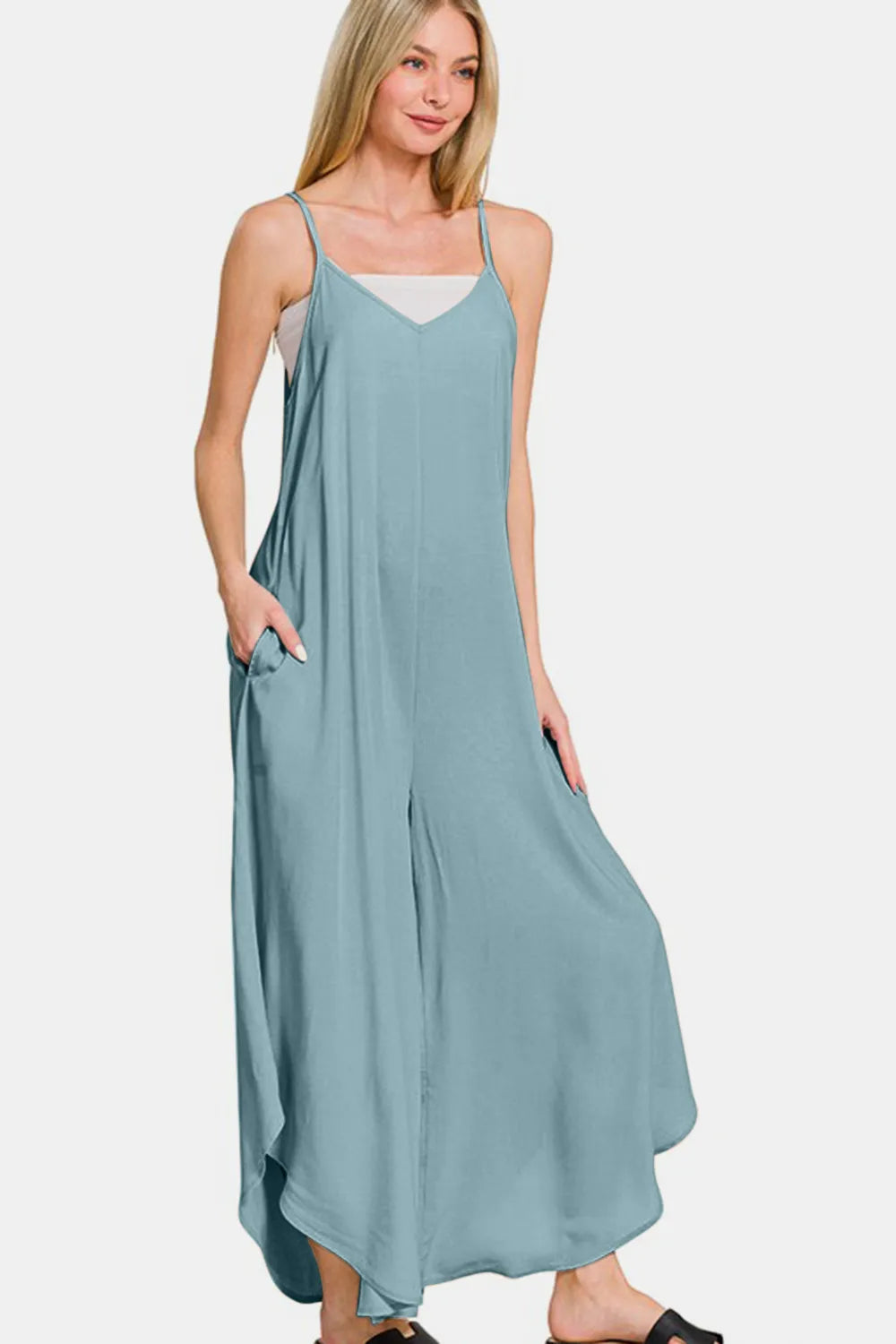 Zenana Spaghetti Strap Wide Leg Overalls with Pockets-Soul Flow Apparel