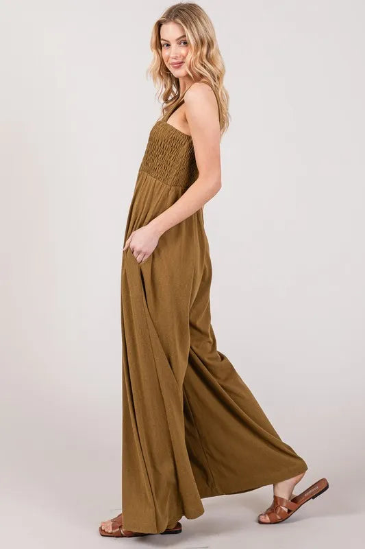 SAGE+FIG Smocked Flowy Wide Leg Jumpsuit-Soul Flow Apparel