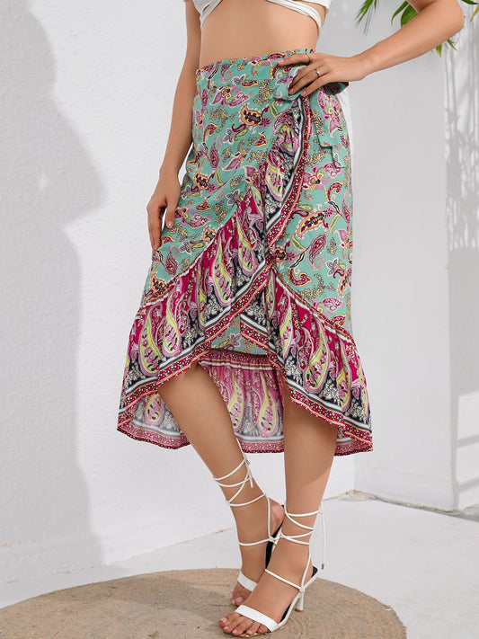 Tie Waistband Flounce Hem Midi Skirt-Soul Flow Apparel