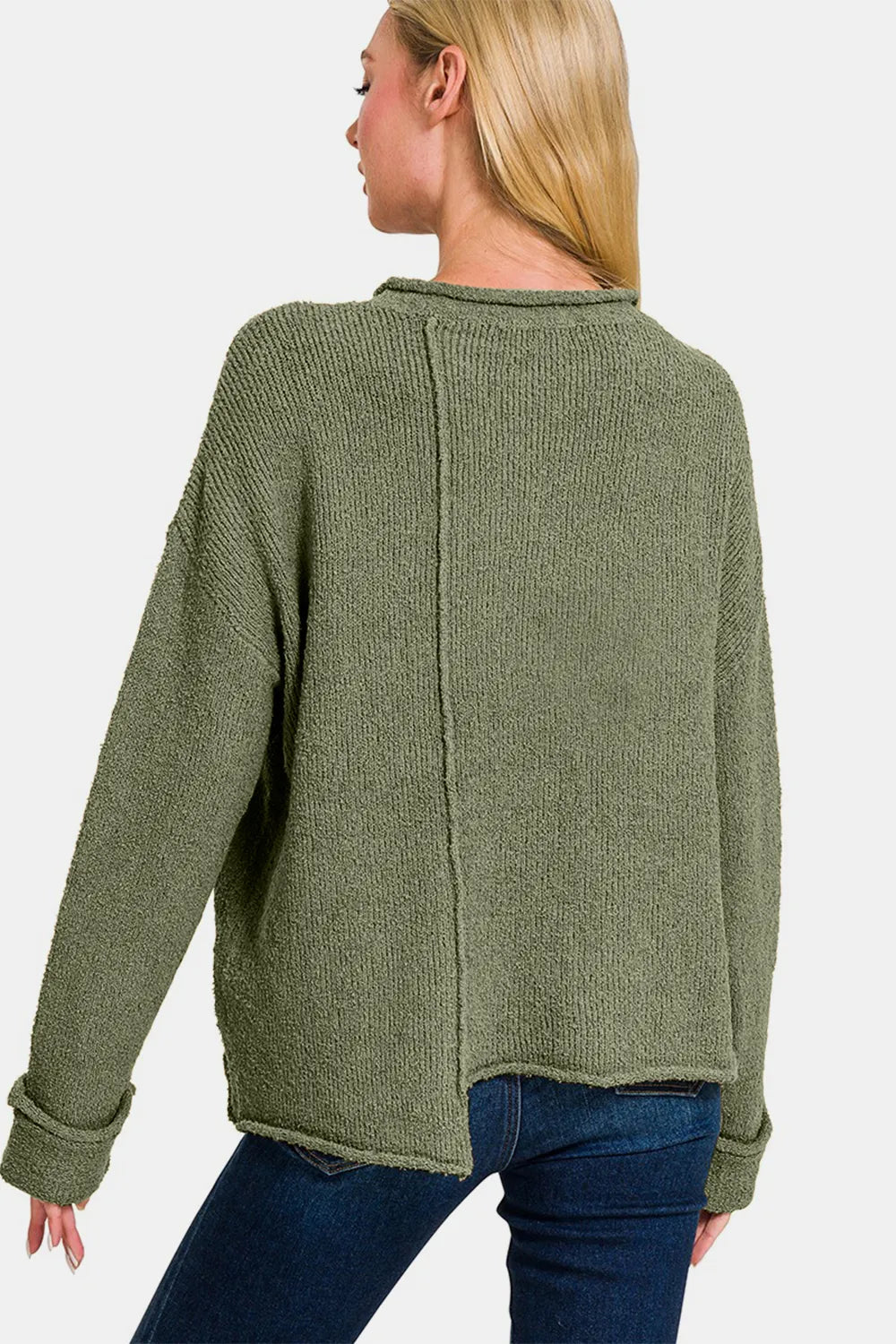 Trendsi boho asymmetric hem sweater in olive green with a relaxed fit and unique back design