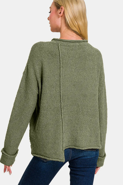 Trendsi boho asymmetric hem sweater in olive green with a relaxed fit and unique back design