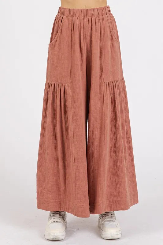 Gauze Elastic Waist Pleated Wide Leg Pants-Soul Flow Apparel
