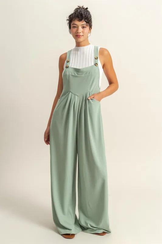 HYFVE Pleated Detail Front Pocket Wide Strap Overalls-Soul Flow Apparel