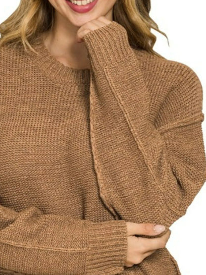 Trendsi Boho Round Neck Sweater in Light Brown with Cozy Knit Design and Long Sleeves