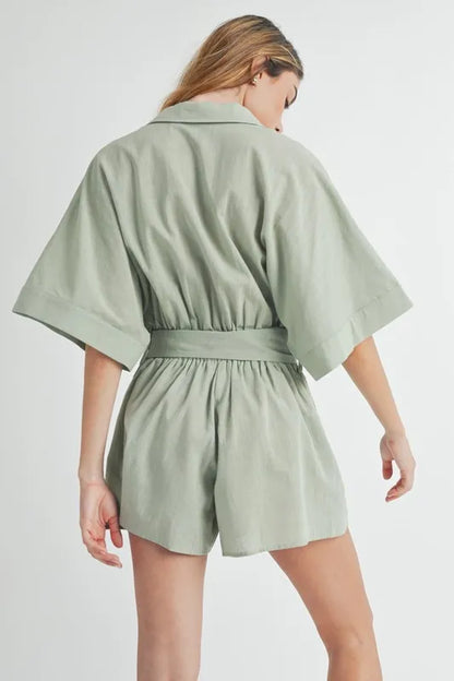 Trendsi embroidered button down romper in soft green with relaxed fit and belted waist