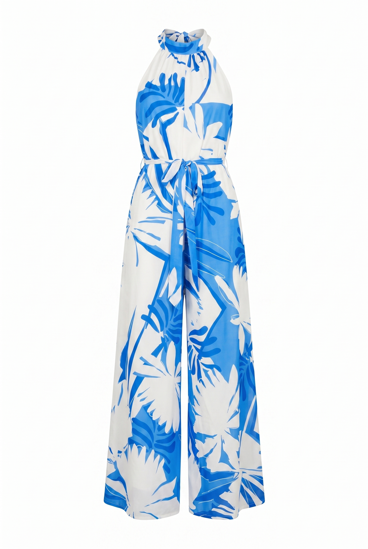 Vacation Jumpsuit Printed Woven Bare Back Halter Neck Back Tie Wide Leg