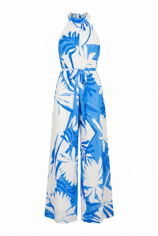 Vacation Jumpsuit Printed Woven Bare Back Halter Neck Back Tie Wide Leg