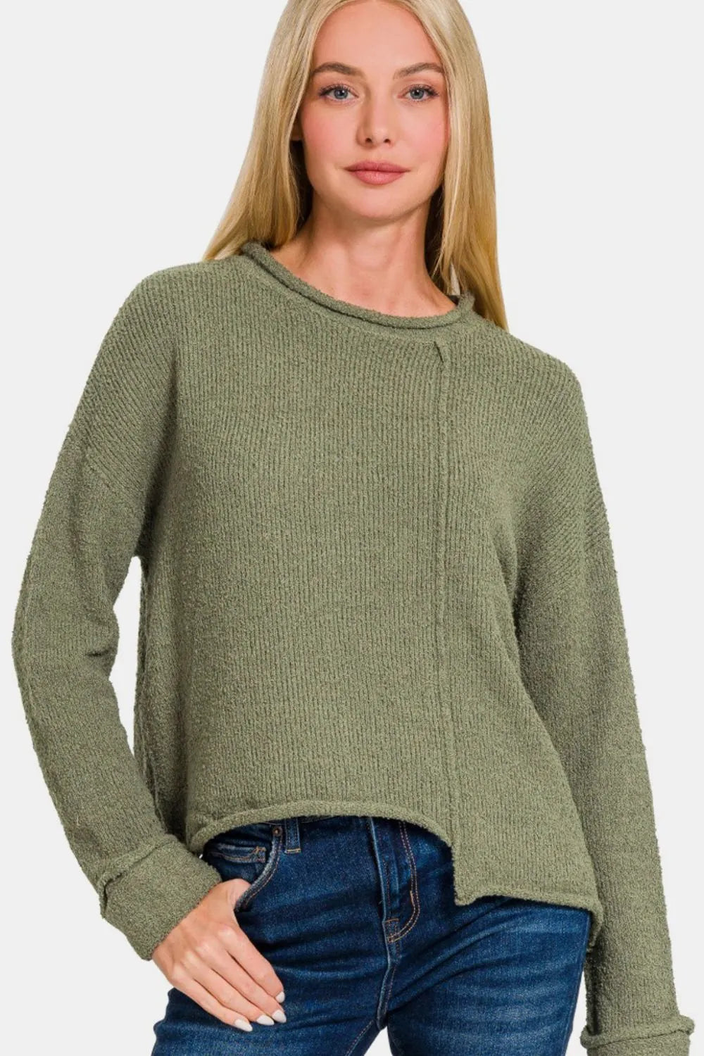 Trendsi boho asymmetric hem sweater in olive green with a relaxed fit and long sleeves