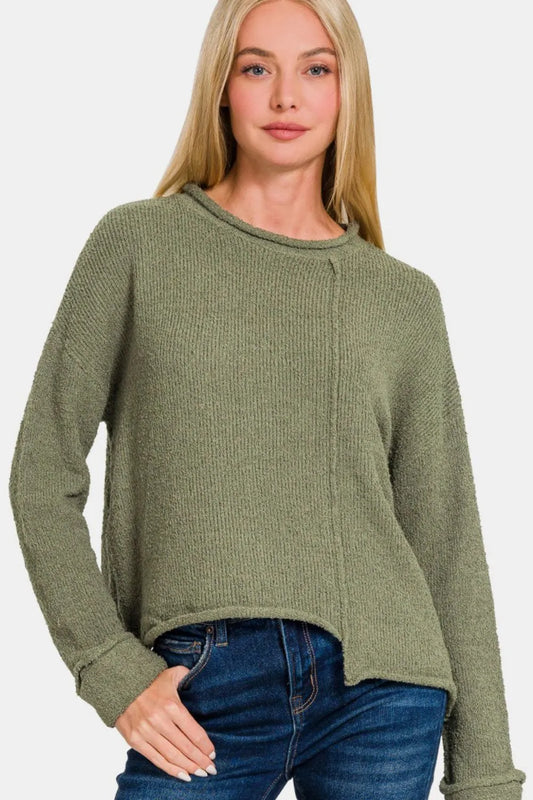 Trendsi boho asymmetric hem sweater in olive green with a relaxed fit and long sleeves