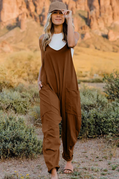 Trendsi boho v-neck sleeveless jumpsuit in brown with pockets for casual summer wear