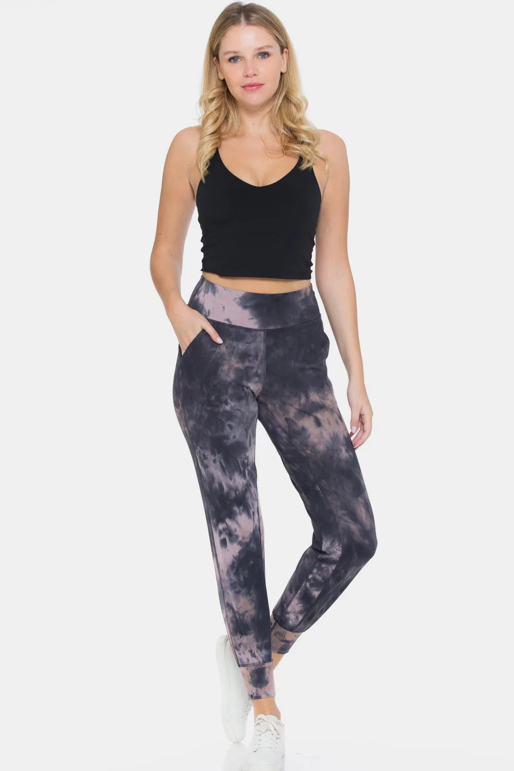 Trendsi tie-dye high waist leggings in black and gray with pockets for stylish comfort