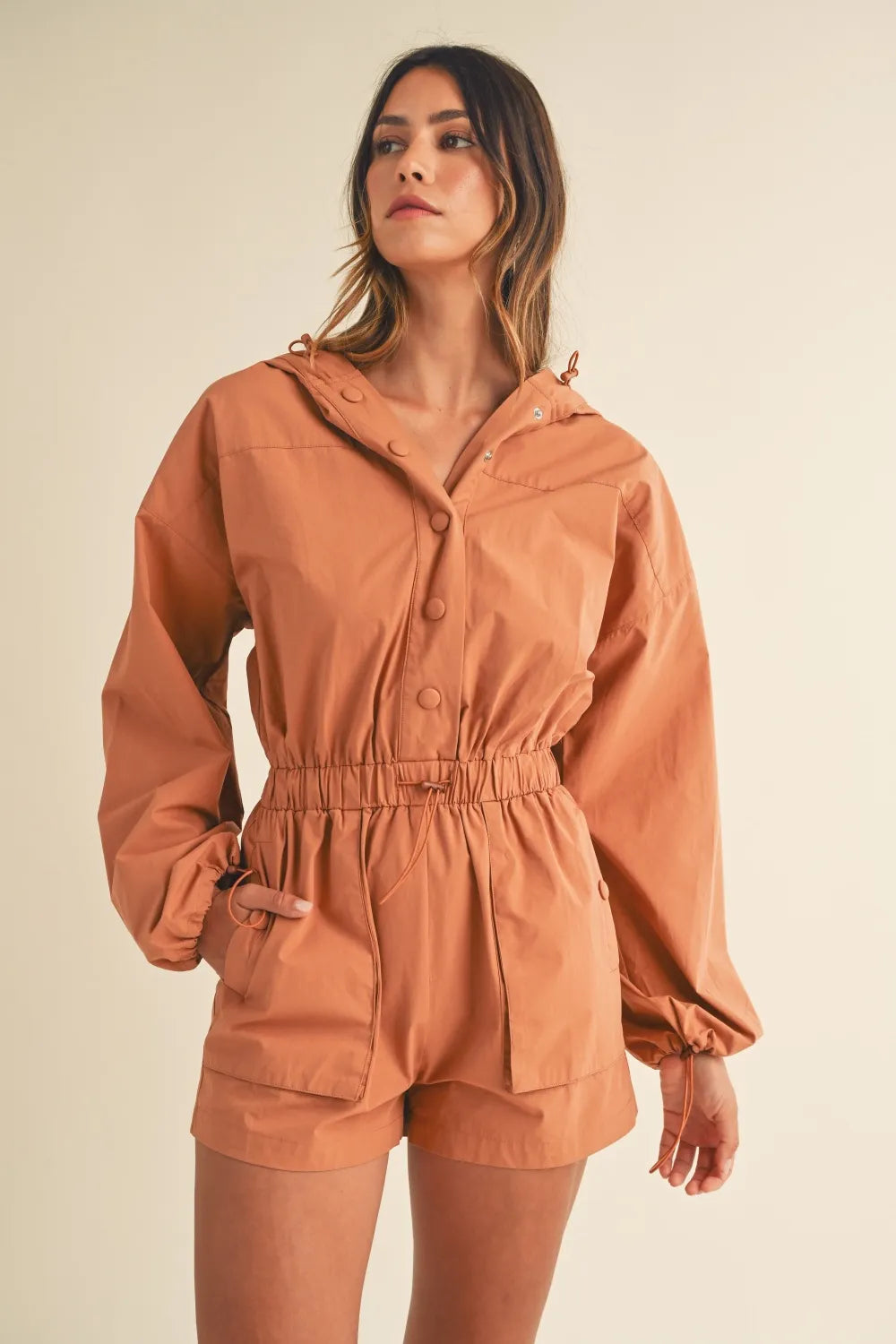 Mable Snap Down Long Sleeve Hooded Romper-Soul Flow Apparel