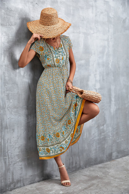 V-Neck Short Sleeve Printed Maxi Dress-Soul Flow Apparel