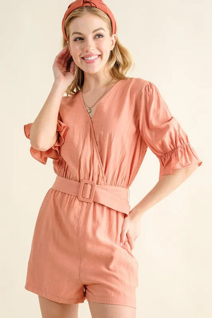 Trendsi Boho Flounce Sleeve Romper in Peach with a Stylish Belt and Ruffled Sleeves