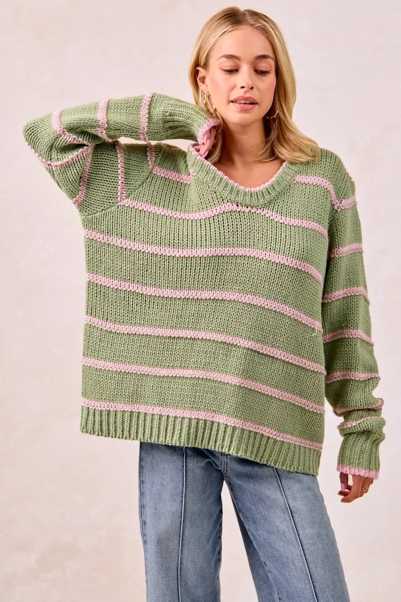 Trendsi boho striped long sleeve sweater in green and pink, featuring a cozy oversized fit