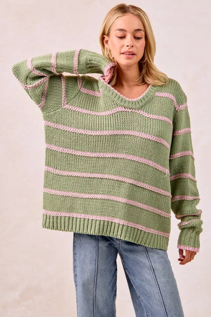 Trendsi boho striped long sleeve sweater in green and pink, featuring a cozy oversized fit