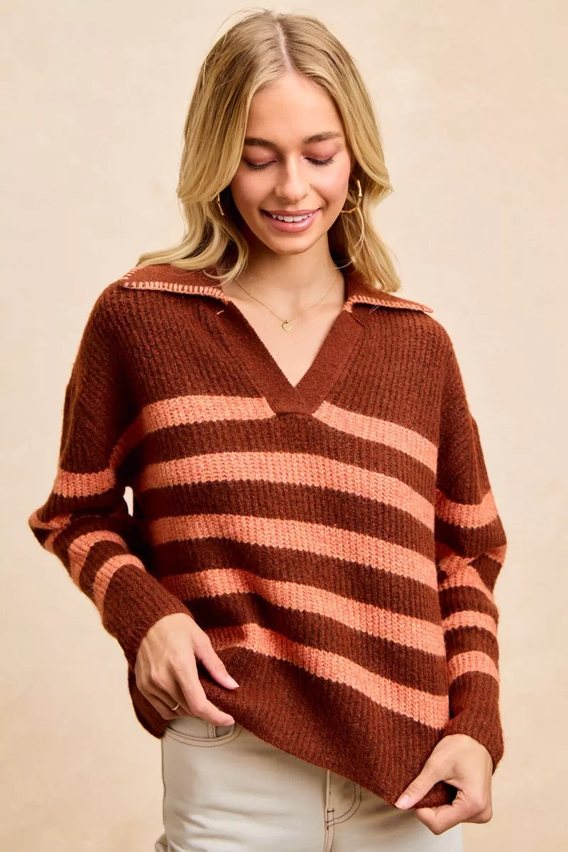 Cozy brown and rust striped sweater top for women with a V-neck and relaxed fit
