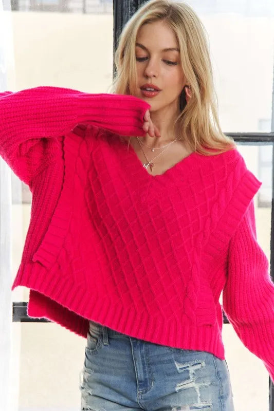 Trendsi boho ruffle detail sweater in bright pink with a v-neck and relaxed fit