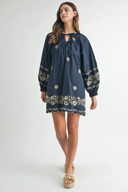 MABLE Embroidered Long Sleeve Peasant Mini Dress-Soul Flow Apparel