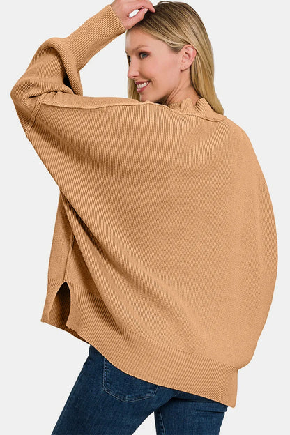 Woman wearing a cozy oversized boho sweater for women in camel color, showcasing a relaxed fit and ribbed details