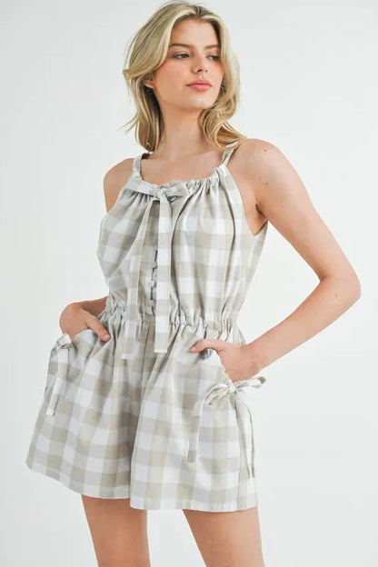 Trendsi plaid sleeveless romper with cinched waist and side pockets for a stylish summer look