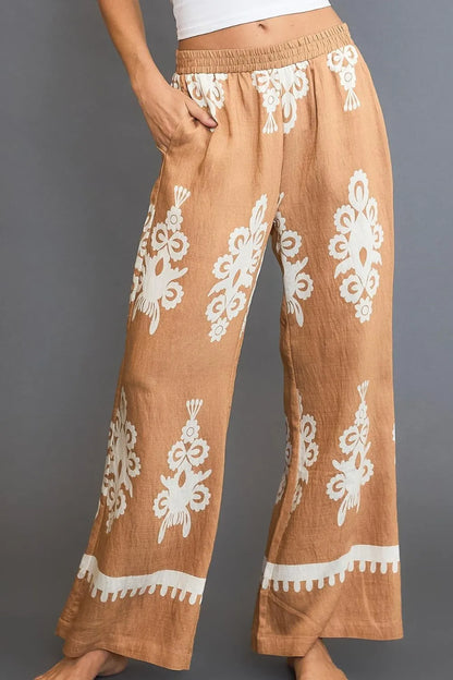 Trendsi Plus Size Boho Wide Leg Pants in Tan with White Embroidery and Pockets