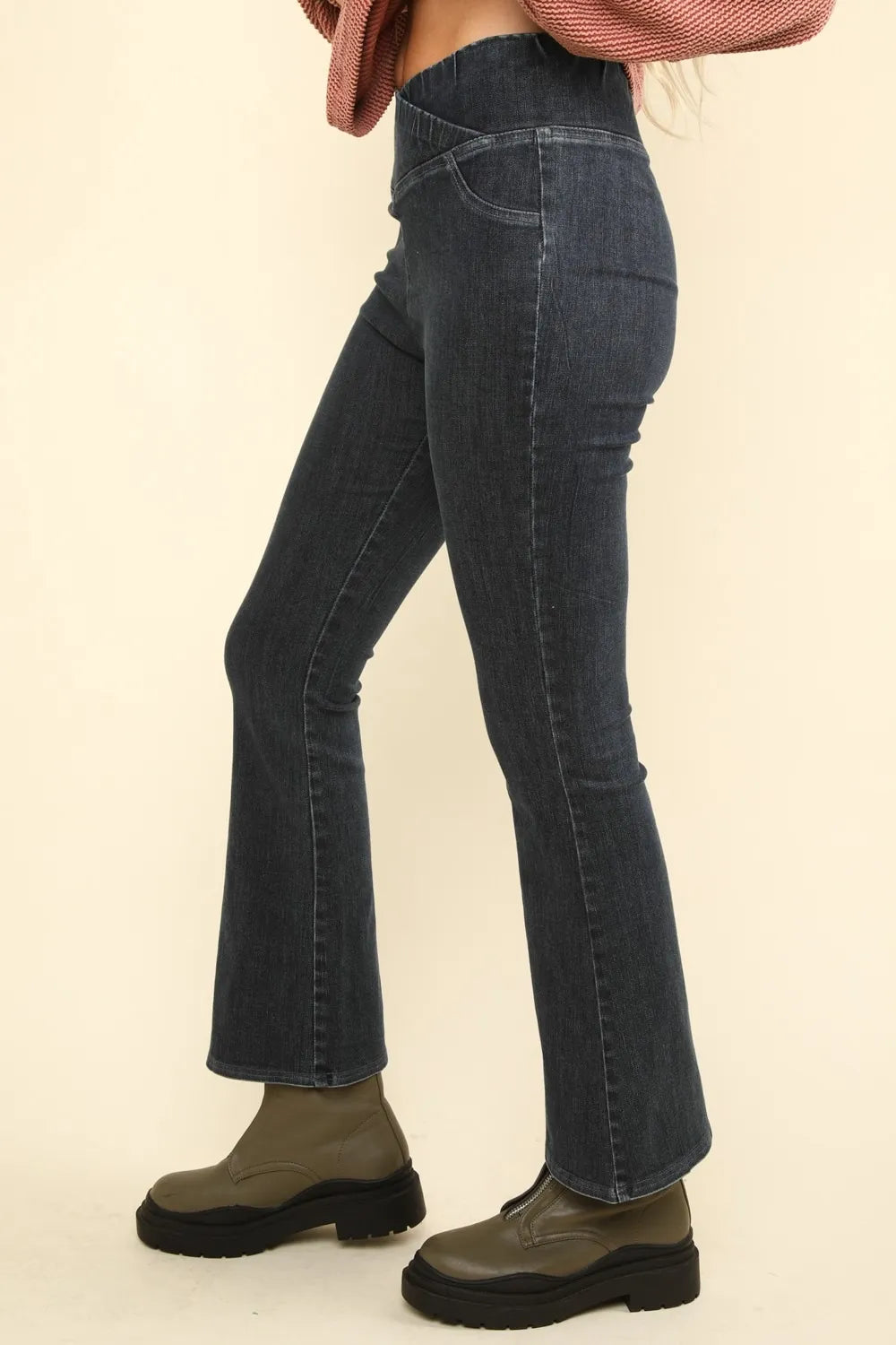 Trendsi crossover waist denim leggings in dark wash with a flared leg design for a stylish look