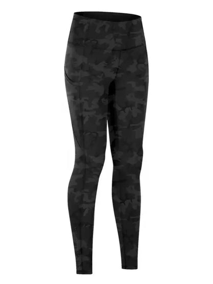 Trendsi wide waistband sports leggings in black camo design for comfortable workouts
