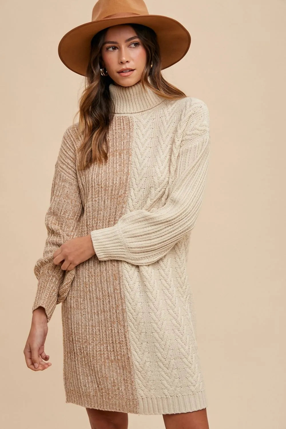 Trendsi Color Block Turtleneck Sweater Dress in beige and brown with a cozy cable knit design