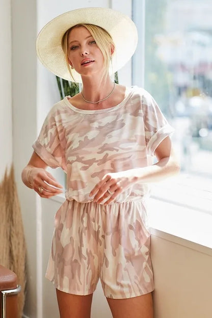 Trendsi camo print romper for women featuring a relaxed fit and lightweight fabric for casual comfort